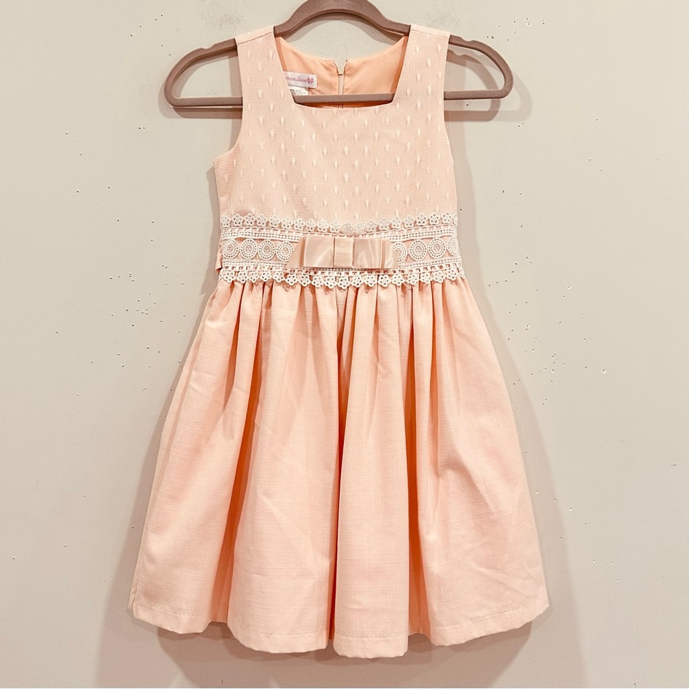 Bonnie Jean Girls‎ Dress 10 Peach Lace Bow Waist Mesh Upper Back Tie Lined
